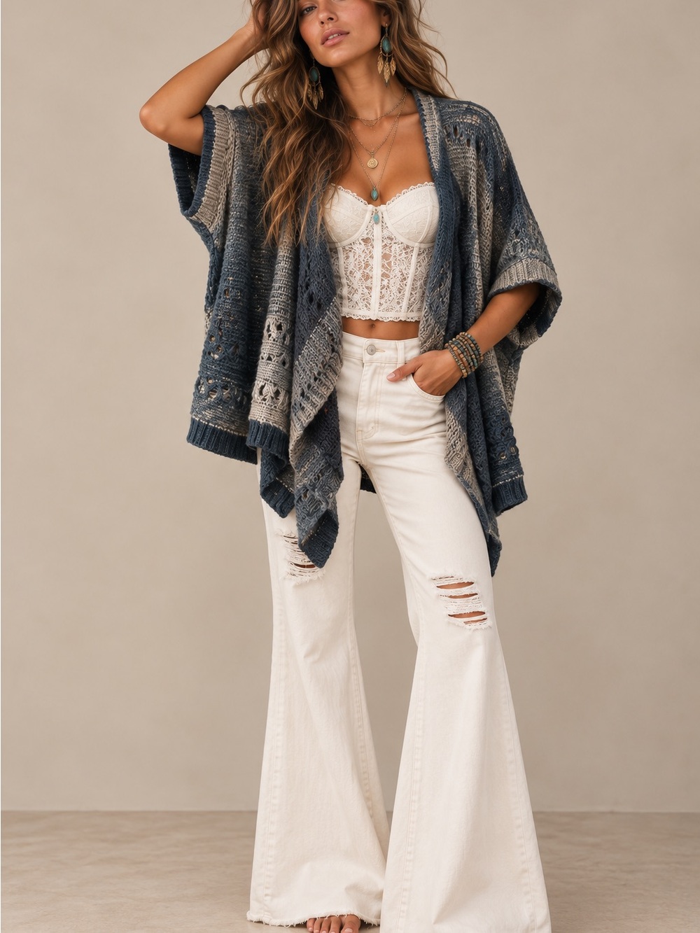 Angie Navy and Cream Open-Knit Draped Cardigan